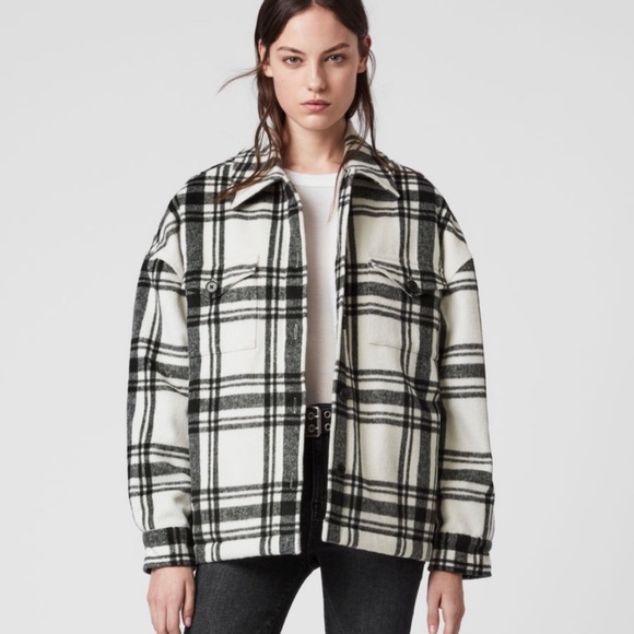 AllSaints Luella Check Jacket Black White Buffalo Plaid Medium Sherpa Lined - Picture 12 of 12
